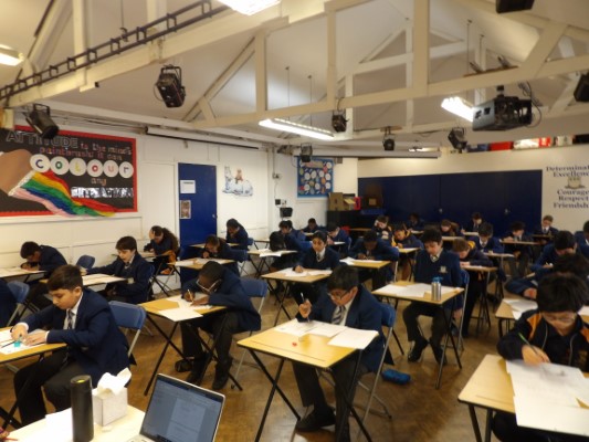 students in an exam room